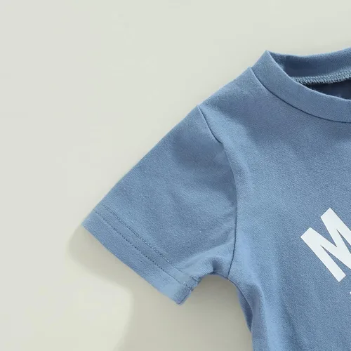 Miniatura 74 de Conjunto de traje de verano para bebé niño pequeño, manga corta, cuello redondo, letras impresas, lindo traje de verano, conjunto de 2 piezas