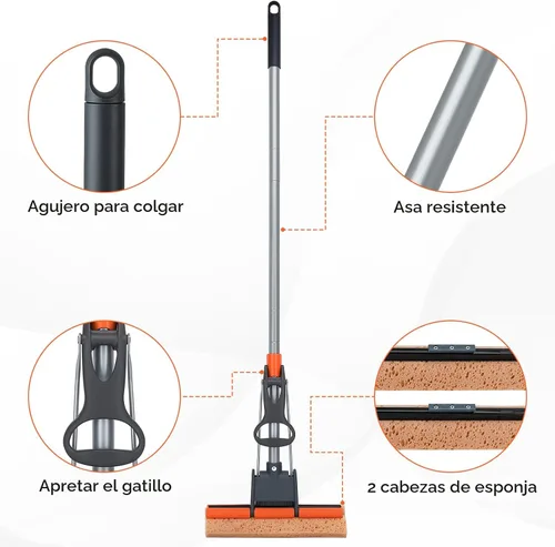 Miniatura 5 de Trapeadores de esponja para limpieza de pisos con 2 recargas de cabezal de mopa de celulosa y mango largo de 55”, trapeador de rodillo resistente