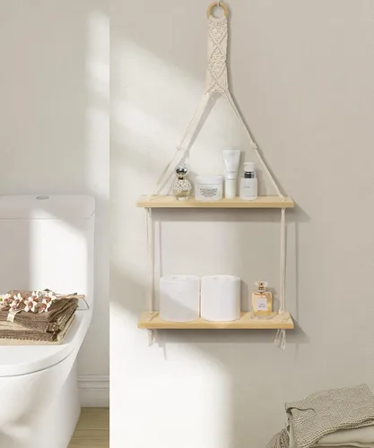 Miniatura 6 de Afuly Estante colgante de pared de macramé, estantes flotantes bohemios, cuerda de algodón, decoración rústica del hogar, 2 niveles, colgador