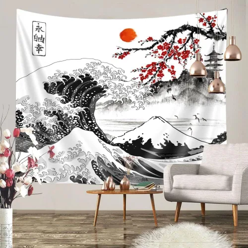 Miniatura 8 de Viajar Japanese Cherry Blossom Tapestry, Pink Sakura Landscape Wall Hanging with Red Moon Pagoda Bridge Waterfall, Asian Aesthetic Wall Decor for