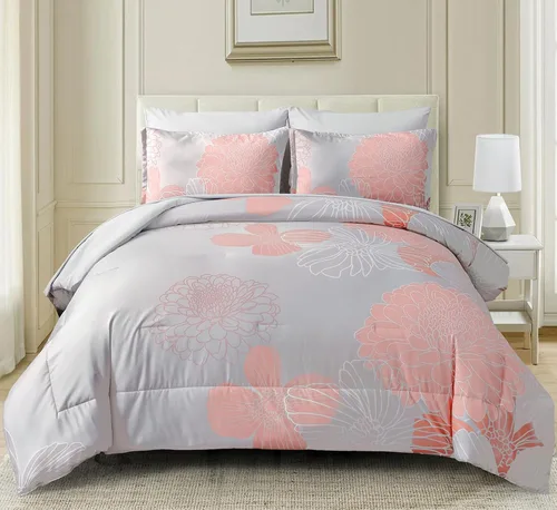 Miniatura 2 de Yiran Juego de edredón de 7 piezas color gris rubor floral en una bolsa, juego de ropa de cama de microfibra suave, tamaño Queen de 90"×90