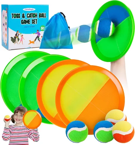 Miniatura 10 de Juego de pelota para lanzar y atrapar, 4 paletas y 4 bolas al aire libre, juego de captura de remo para niños, patio trasero, playa, piscina, patio