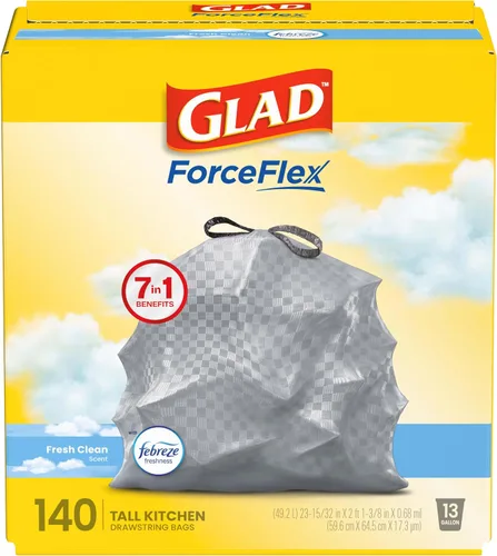 Glad ForceFlex - Bolsas de basura altas para cocina, 13 galones, limpieza fresca, 140 unidades (el paquete puede variar)