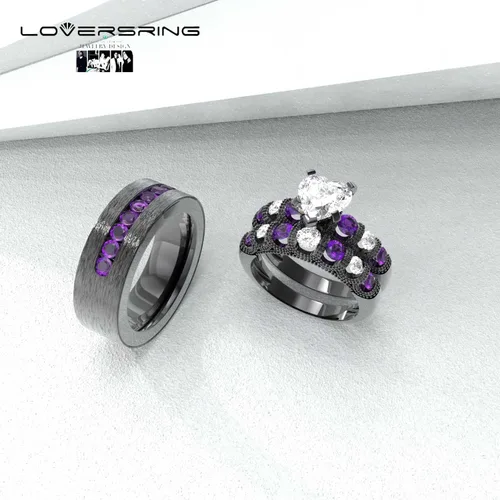 Miniatura 31 de Conjunto de dos anillos de boda para él y para ella, anillos para parejas. Anillos de compromiso para novia en acero inoxidable chapado en oro Blanco