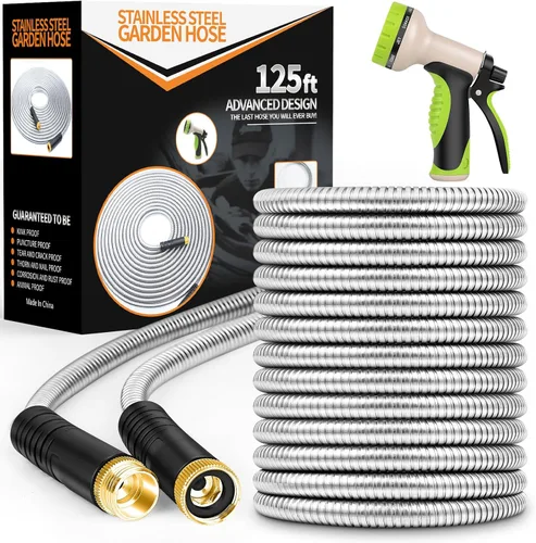 Miniatura 13 de Unywarse Manguera de jardín de 100 pies, manguera de agua resistente de acero inoxidable con boquilla de 10 funciones, flexible, ligera, sin
