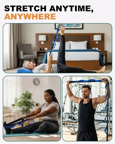 Miniatura 8 de Correa Trideer para estiramiento y yoga, correa de terapia física para entrenamiento en casa, ejercicio, pilates y gimnasia, 10 bucles, bandas Azul