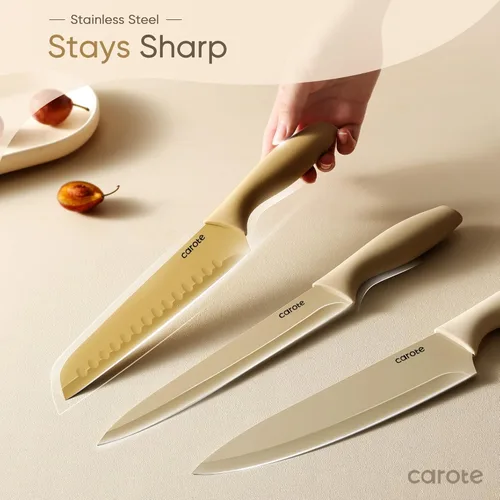 Miniatura 4 de CAROTE - Juego de cuchillos de cocina de 12 piezas, de acero inoxidable con revestimiento antiadherente cerámico, apto para lavavajillas con 6