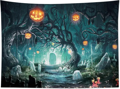 Miniatura 32 de HVEST Tapiz de Halloween de luna llena, lápida de cuervo negro, árbol muerto, tapiz para dormitorio, cementerio gris aterrador, bosque, decoración