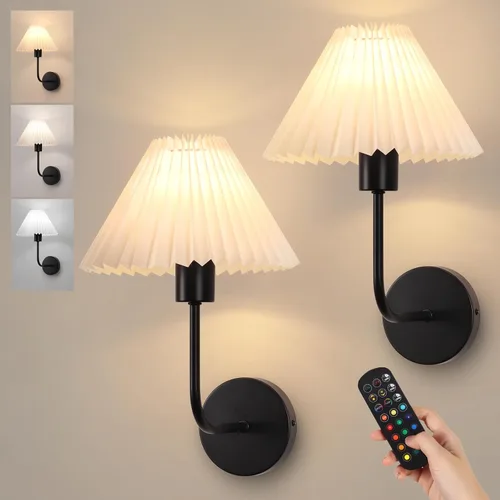Miniatura 17 de Juego de 2 apliques de pared inalámbricos, pantallas plisadas recargables que funcionan con batería, luces de pared retro de cuello de ganso Dorado