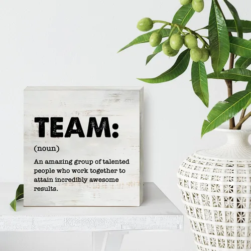 Miniatura 4 de Placa de madera con definición de equipo en caja de madera. Decoración rústica con cita de equipo. Placa de madera en bloque para pared, mesa