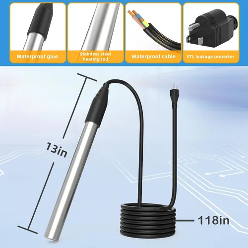 Miniatura 6 de Calentador de agua de inmersión de 1800W, calentador de piscina eléctrico totalmente sumergible, calentador de bañera de acero inoxidable
