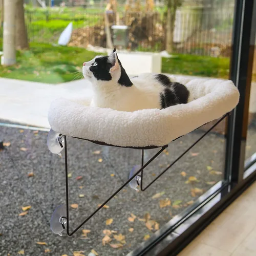 Miniatura 7 de Zakkart Percha para ventana para gatos, 100% metal apoyado desde abajo, viene con una cálida cama espaciosa para mascotas, hamaca de ventana