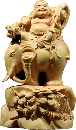 Miniatura 16 de Estatua de Buda Maitreya Maitreya tallada a mano de boj natural (ventilador de bolsa de tela)