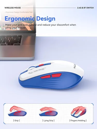 Miniatura 6 de Ratón inalámbrico azul blanco, Bluetooth de doble modo y 2.4G, botones laterales Receptores USB-A y USB-C Clic silencioso DPI de 4 niveles