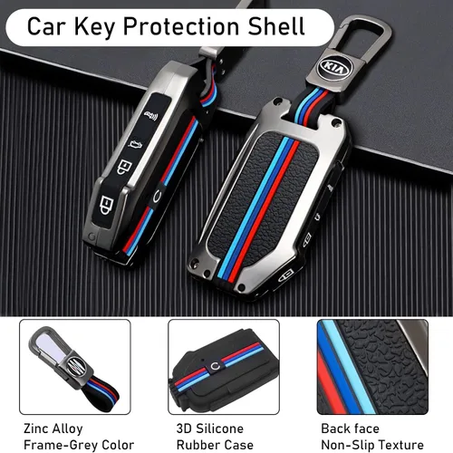 Miniatura 6 de Moonlinks Compatible con funda para llavero Kia de 5 botones, funda de metal gris y funda de silicona con llavero para Ceed Cerato Forte NIRO Seltos
