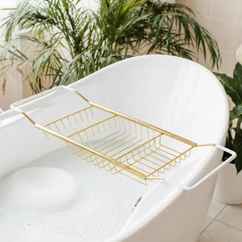 Miniatura 8 de Cabilock Bandeja de baño de acero inoxidable de lujo – Estante de baño moderno expandible de 24.8 pulgadas para bañera con copa de vino y soporte