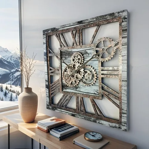 Miniatura 4 de ImprovingLife The Gears Clock - Reloj de pared cuadrado con engranaje móvil real de 24 pulgadas, estilo vintage, industrial, de gran tamaño, Gris