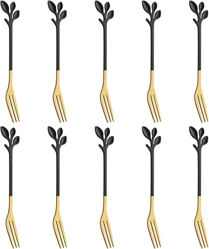 Miniatura 11 de AnSaw Juego de 10 Tenedores de Postre Mini Hoja Dorados - 4.7" Elegantes Tenedores de Acero Inoxidable para Frutas, Aperitivos, Pasteles y Ensaladas