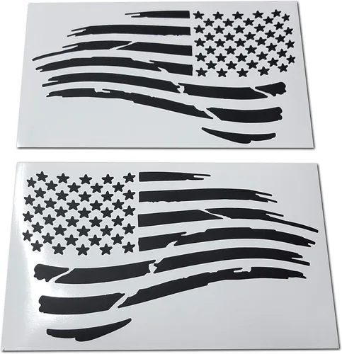 Par de calcomanías adhesivas con bandera estadounidense ondeante troqueladas atenuadas para automóvil, camión (4" x 7", negro brillante)