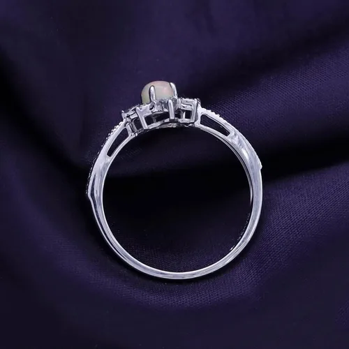 Miniatura 5 de Anillo de compromiso de ópalo blanco natural de corte ovalado de 0.236 x 0.157 in con marco de explosión de sol de diamante, anillo de compromiso