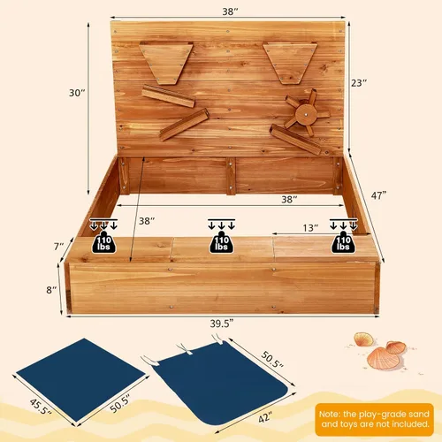 Miniatura 6 de HONEY JOY Caja de arena con pared de arena de 30 pulgadas, pozo de arena sin fondo de cedro con embudo, canaletas, caja de almacenamiento, forro