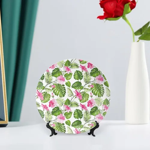Miniatura 6 de XISUNYA Plato decorativo de 6 pulgadas, plato llano de hojas, hibisco hawaiano, cristal rosa, flor de palmera, estampado de hojas de palmera, adorno
