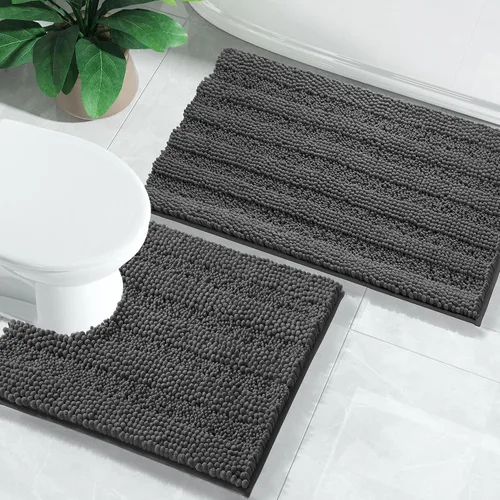 Miniatura 28 de Yimobra Juego de 2 alfombras de baño de felpilla suave y absorbente y alfombra para inodoro en forma de U, antideslizante, lavable a máquina