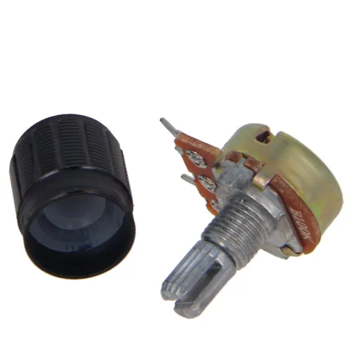 Miniatura 3 de Heyiarbeit Potenciómetro de película de carbono WH148 de 100 K Ohm, potenciómetro giratorio de una sola vuelta con pomos negros, 3 pines, 0.591 in