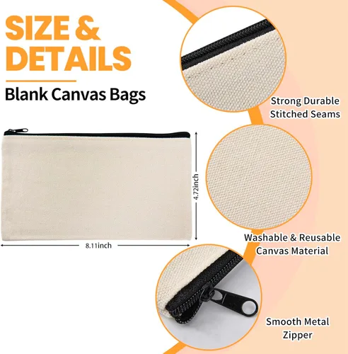 Miniatura 2 de Bolsa de manualidades en blanco de 8 x 4.7 pulgadas, estuche de lona para lápices, bolsa de lona para cosméticos, bolsa de cosméticos de lona