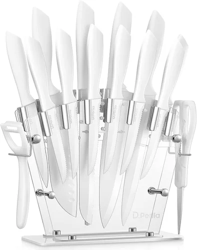 D.Perlla - Juego de 16 cuchillos de cocina blancos con soporte acrílico, acero inoxidable de alto carbono, juego de bloque de cuchillos recubierto