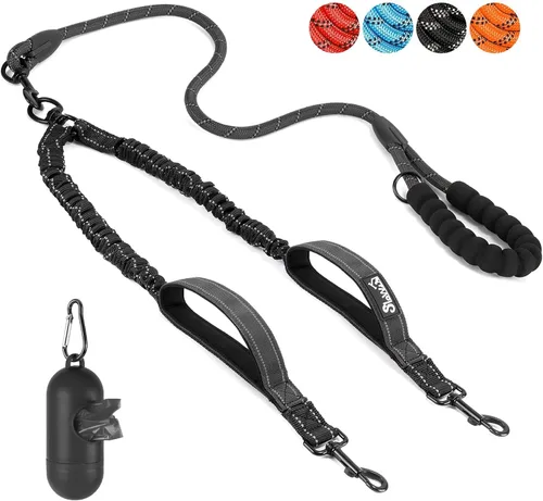 Miniatura 14 de SlowTon Correa doble para dos perros – Correa para perro sin enredos, correa giratoria de 360° reflectante doble para perro con dos asas acolchadas