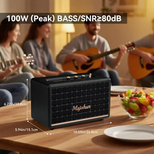 Miniatura 4 de Altavoz Bluetooth 5.4 de madera pico de 100 W, estéreo TWS vintage (negro) Retro style with bass & treble control, AUX & USB input; multiple