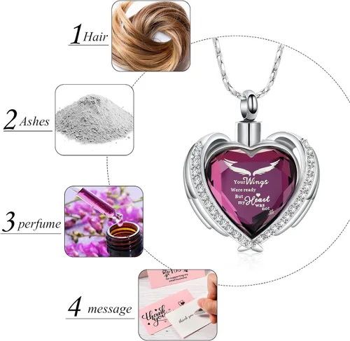 Miniatura 3 de Imrsanl Joyería de cremación con dije de urna de corazón de ala de ángel para mujer, urnas de cristales para cenizas humanas, medallón
