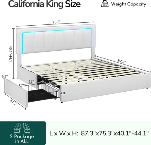 Miniatura 2 de Hasuit Base de cama California King con 4 cajones de almacenamiento debajo, plataforma tapizada tamaño Cal King con cabecera de cuero artificial