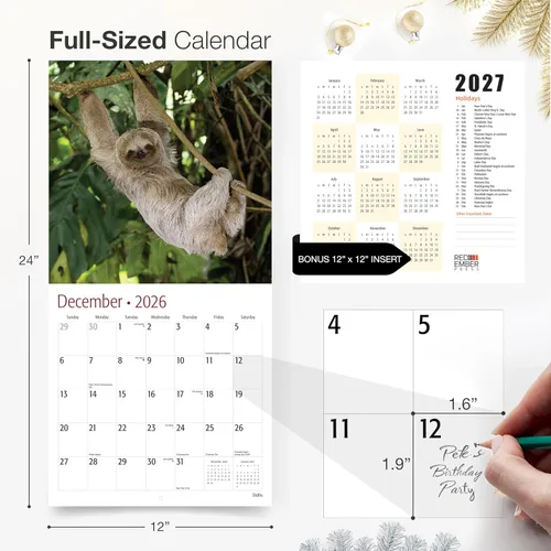 Miniatura 5 de RED EMBER Perezosos Calendario de Pared 2026 de 12 Meses 12" x 24" Abierto Papel Grueso y Resistente Regalo de Fiestas Calendario