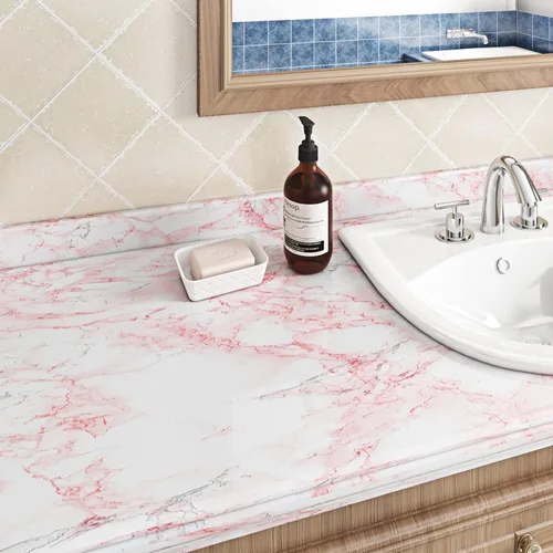 Miniatura 6 de Livelynine - Papel adhesivo impermeable de mármol rosa para encimeras, papel de contacto de mármol para pegar y quitar, papel pintado adhesivo
