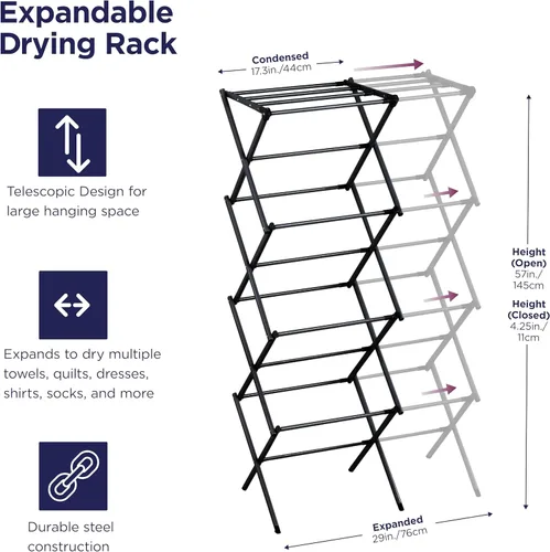Miniatura 2 de BLACK+DECKER Escurridor de ropa plegable expandible de 4 niveles, altura telescópica, secadora de aire plegable que ahorra espacio para toallas