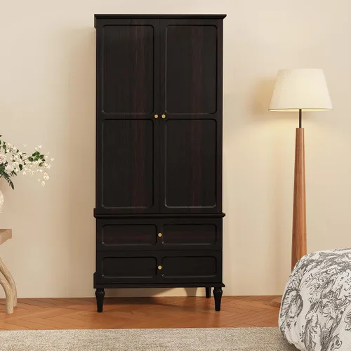 HLR Armario moderno de mediados de siglo de 71 pulgadas con puertas y cajones, armario de almacenamiento de madera con barra para colgar para Negro