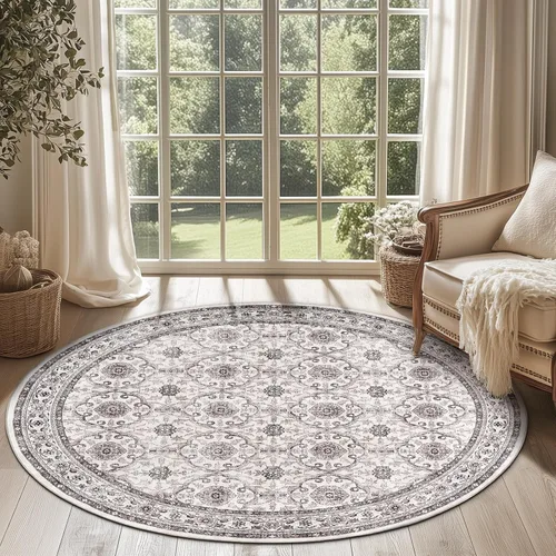 Miniatura 13 de Jinchan Fiora - Alfombra redonda de 8 pies, alfombras vintage con diseño floral envejecido, lavable a máquina, antideslizante, de pelo bajo, Azul