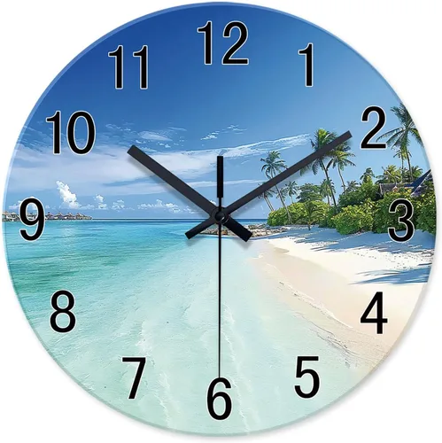 Miniatura 13 de XFM Reloj de pared de playa, silencioso, sin tictac, funciona con pilas, reloj de pared de 12 pulgadas con palmera tropical azul océano azul Blue7