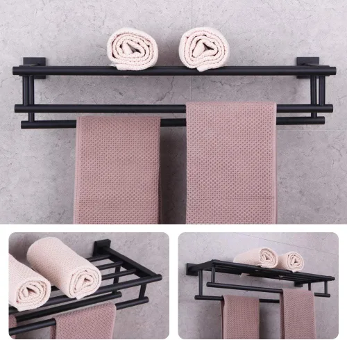Miniatura 2 de GERZWY Estante de toalla con doble toallero organizador para baño, 24 pulgadas, acero inoxidable SUS 304, montaje en pared, moderno color negro mate
