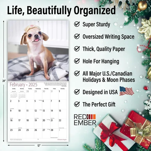 Miniatura 3 de RED EMBER Chihuahua Puppies 2025 Calendario de pared de 12 meses 12 x 24 pulgadas abierto Papel grueso y resistente Regalo Calendario 2025