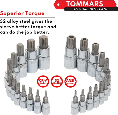 Miniatura 6 de TOMMARS Juego de 60 piezas de enchufes de brocas Torx Master y juego de enchufes externos de 1/4", 3/8", 1/2" de transmisión, brocas de acero S2