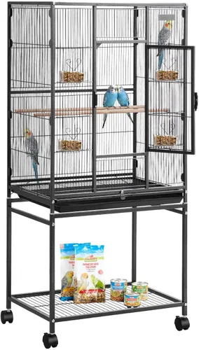 Miniatura 10 de VEVOR Jaula para pájaros, 36.6 x 22.8 x 59.5 pulgadas, parte superior plana, jaula de hierro forjado para pájaros con perchas, bandeja deslizante