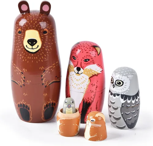 Muñecas rusas "matrioskas", 5 unidades, 15 cm de alto, diseño de animales, huevos de Pascua, juguetes de anidación, muñecas de madera hechas a mano