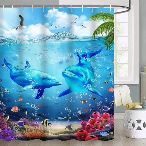 Miniatura 5 de Yddsky Juego de 4 cortinas de ducha con diseño de delfín oceánico azul con alfombras, cubierta de tapa de inodoro y tapete de baño, cortinas