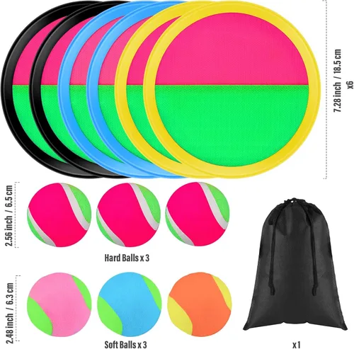 Miniatura 2 de Aneco Juego de palas de disco y pelota de lanzamiento con bolsa de almacenamiento, 6 paletas y 6 pelotas Azul claro/negro/amarillo