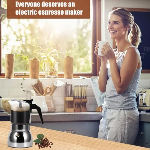 Miniatura 6 de Houkiper Cafetera de café expreso, 4 tazas de acero inoxidable de 6.8 fl oz, cafetera italiana, cafetera de cristal transparente, cafetera moca