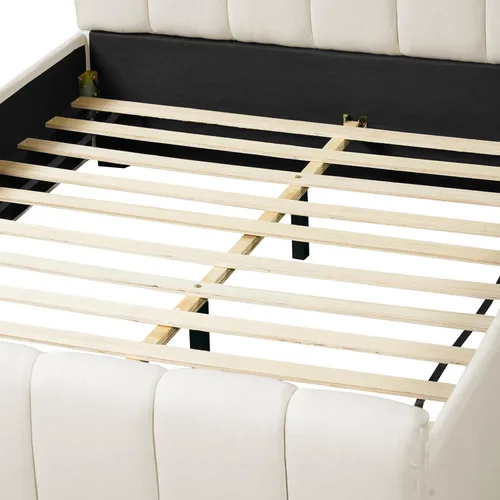 Miniatura 5 de Merax Cama de plataforma tapizada tamaño Queen con cabecero y estribo gruesos, marco de cama de tela de lino estilo bloque con patas de madera