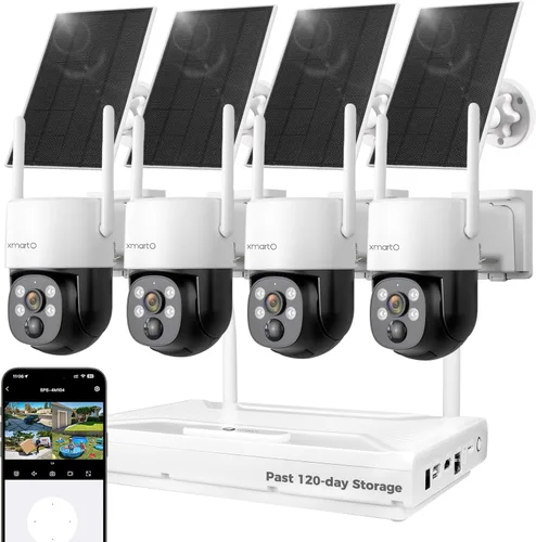 XMARTO Cámara solar inalámbrica para exteriores, 4 PC QHD 4MP Sistema de cámara de seguridad PTZ inalámbrica con 4K 10CH expandible WiFi NVR, carga